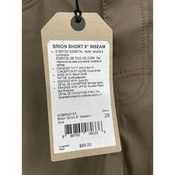 Prana Men's Shorts Stretch Brion Size 28 Dark Brown Quick Dry 9" length UPF 50 - Picture 8 of 8